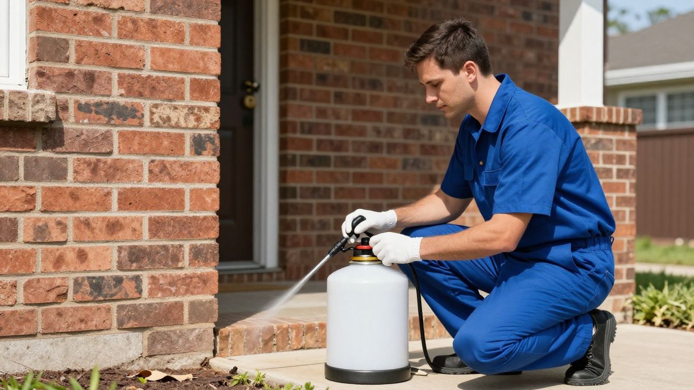 Professional exterminator applying treatment around home exterior