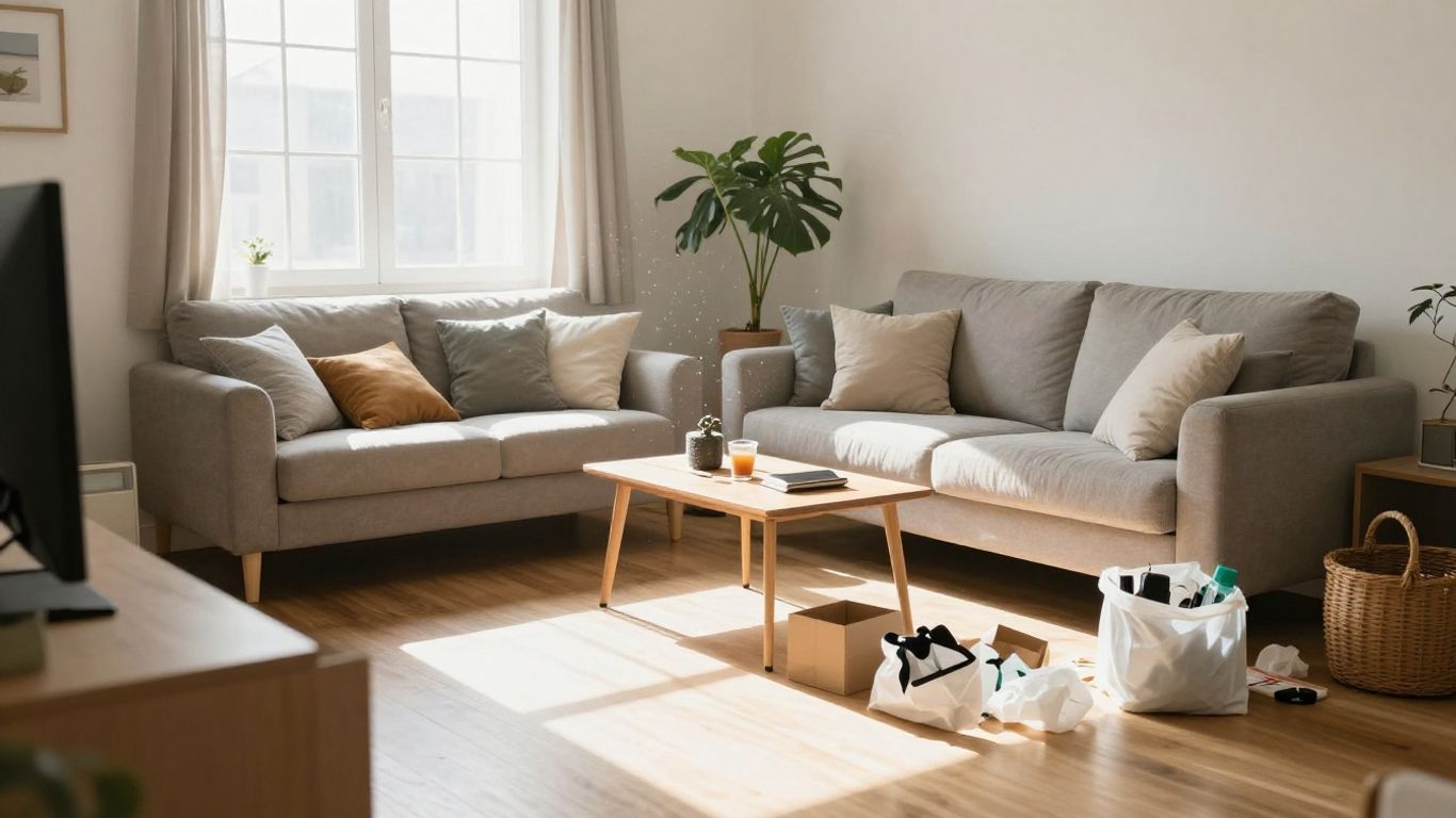 Decluttered living room with sunlight and organized piles.
