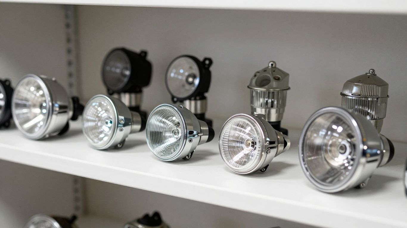 A clean workshop shelf with organized vehicle headlights