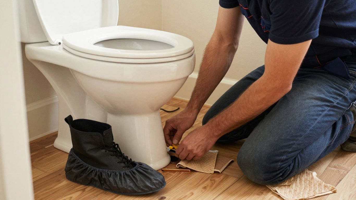 Professional plumber examining toilet and bathroom flooring