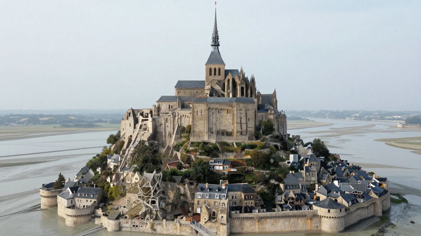 Mont Saint-Michel island above tidal flats