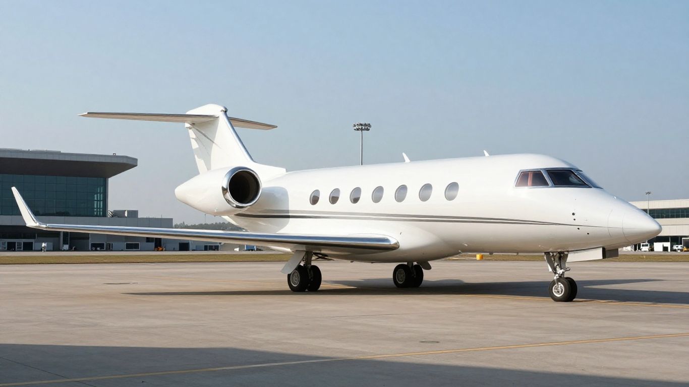 Sleek private jet on airport tarmac, ready for flight.