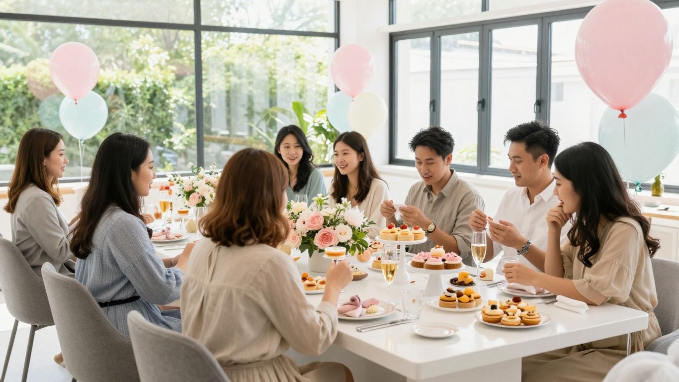 Elegant baby shower venue with balloons, flowers, and happy guests.
