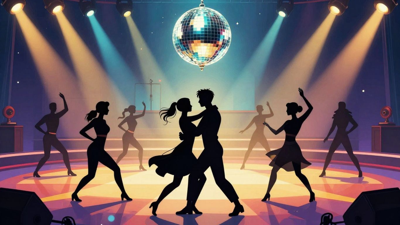 Dancing With The Stars Mirrorball Trophy and dancers