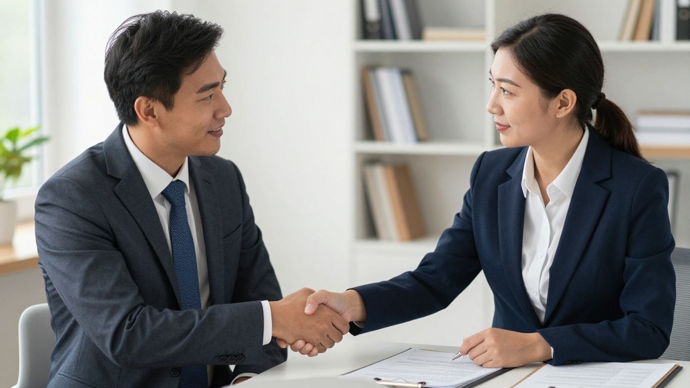 Real estate agent and broker with clients, discussing transactions.