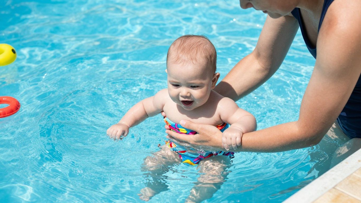 Bebé feliz en la piscina con su padre.