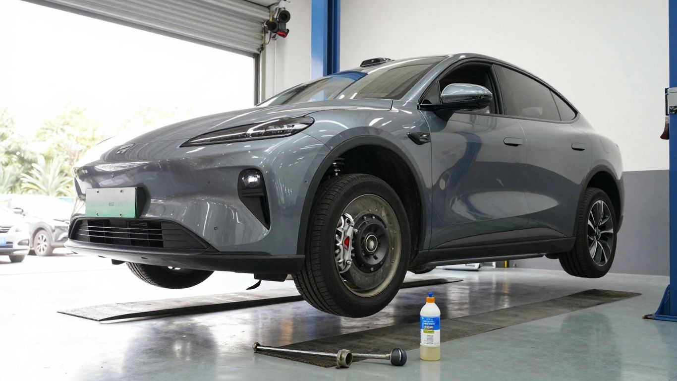 Tesla parked beside performance brake upgrade tools