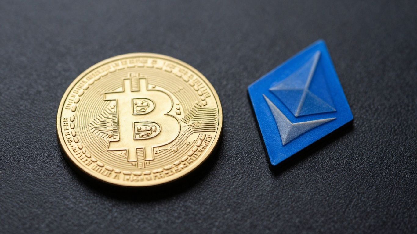 Bitcoin and Ethereum coins side-by-side.