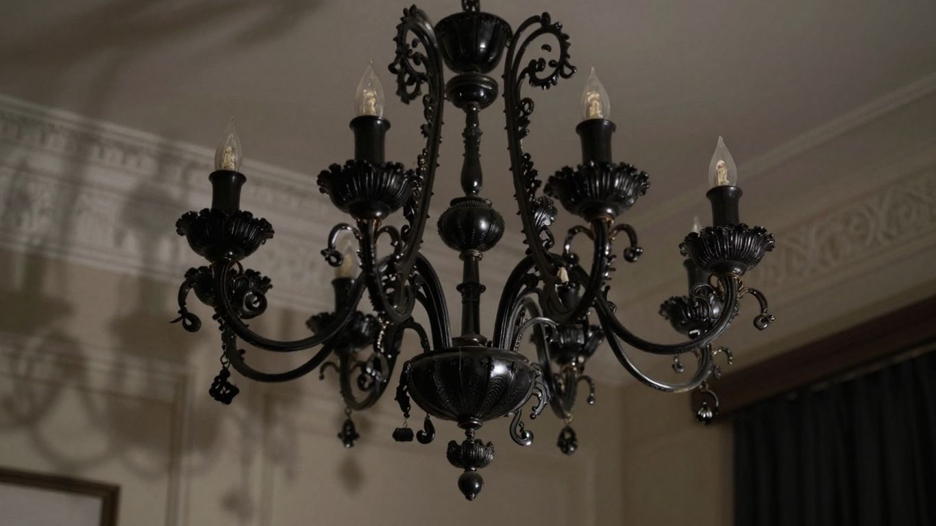 Elegant black chandelier in a luxurious room.