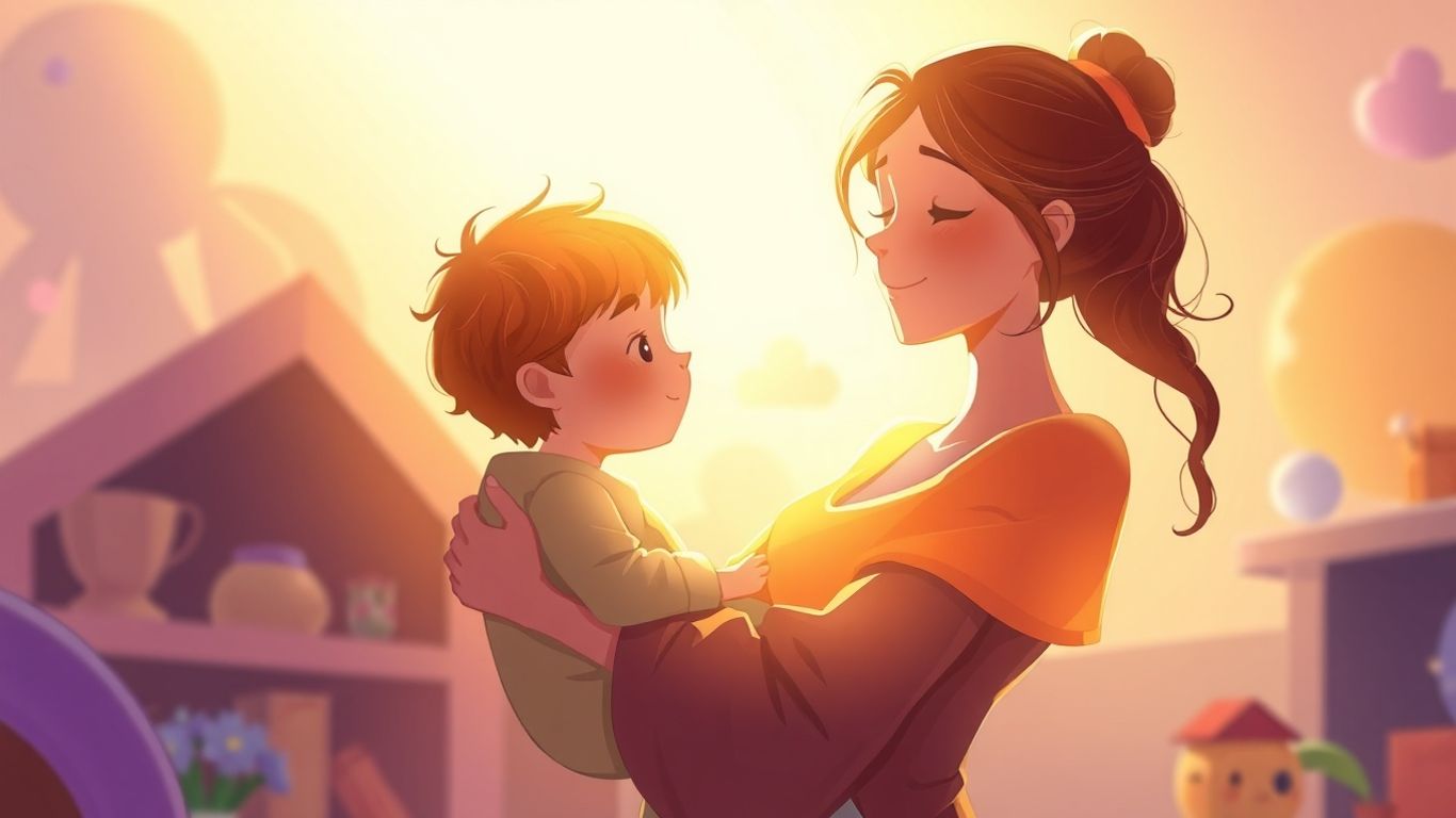 Mother and child in a warm, glowing, illustrative scene.