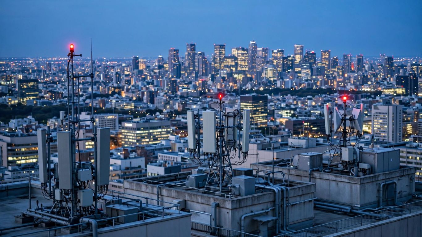 Antenas móviles sobre una ciudad al atardecer