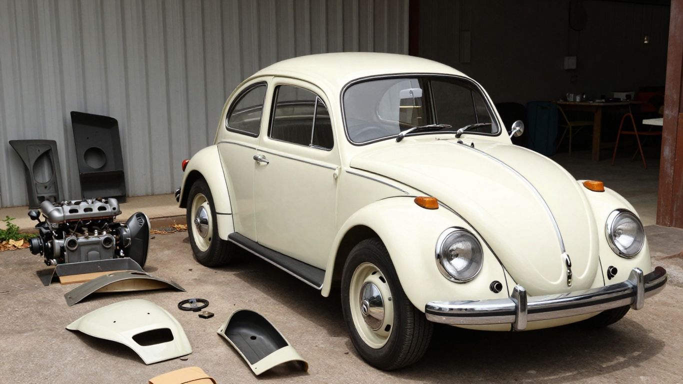 Volkswagen Beetle parts at a wrecking yard.