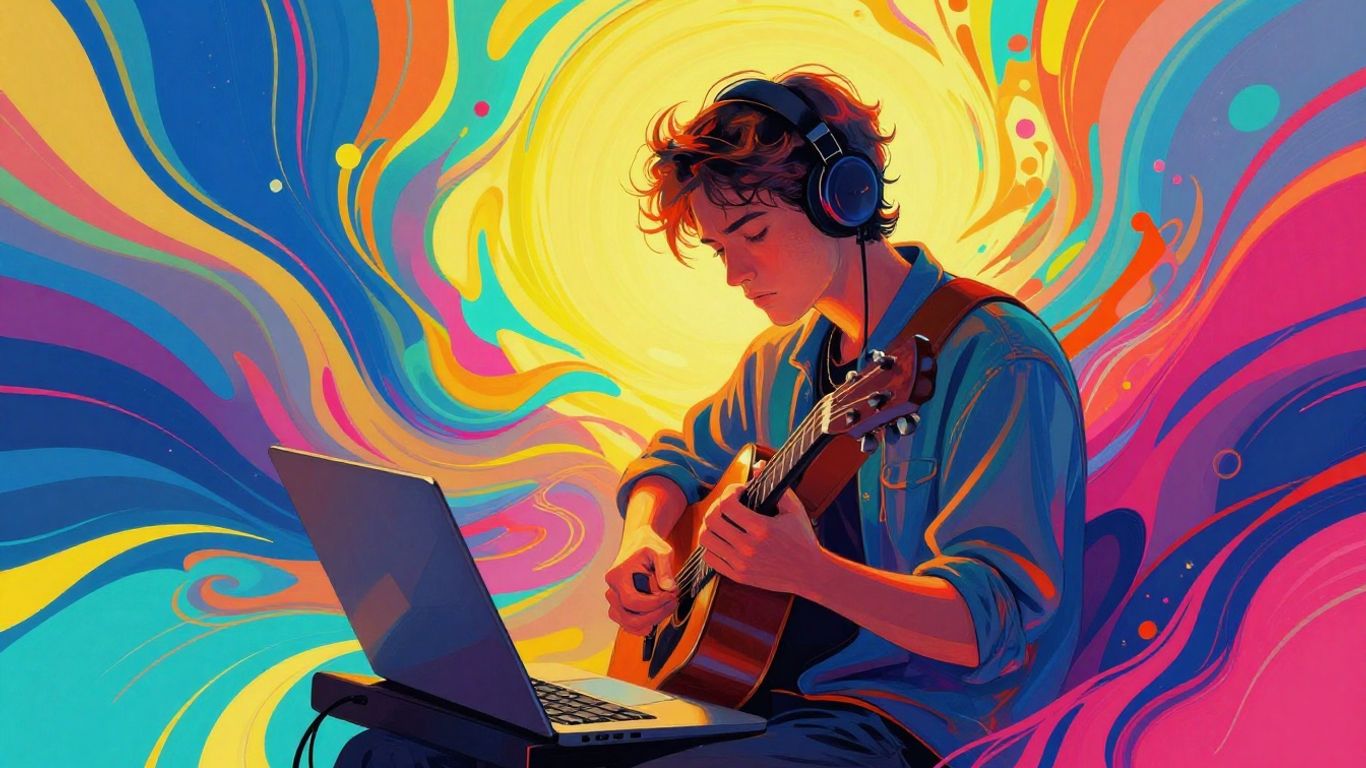 Musician in abstract digital landscape for AI music videos.