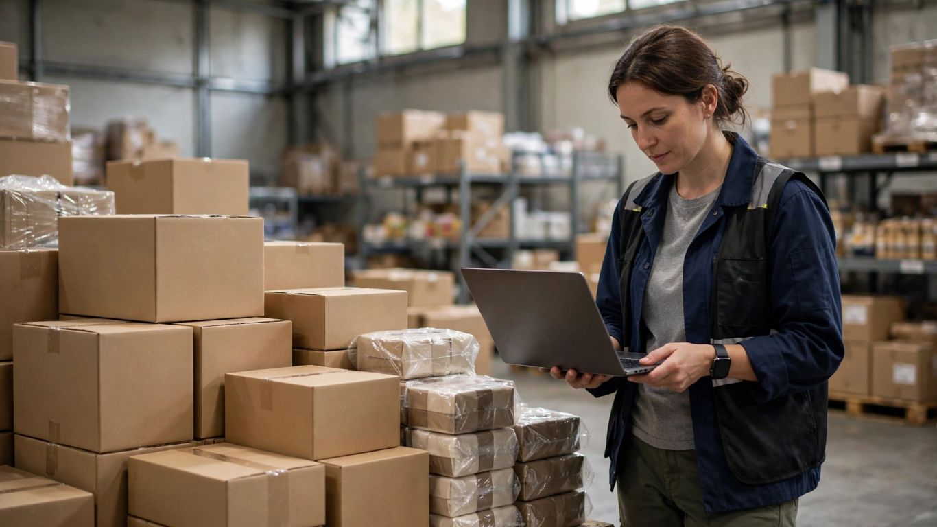 Wholesaler employee checking product information beside a laptop and boxes