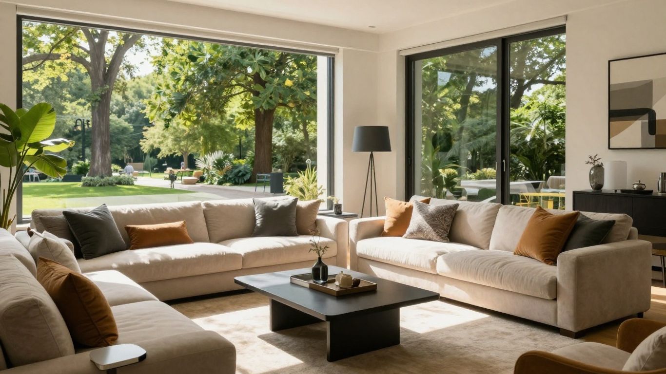 Luxury apartment living room with park view.