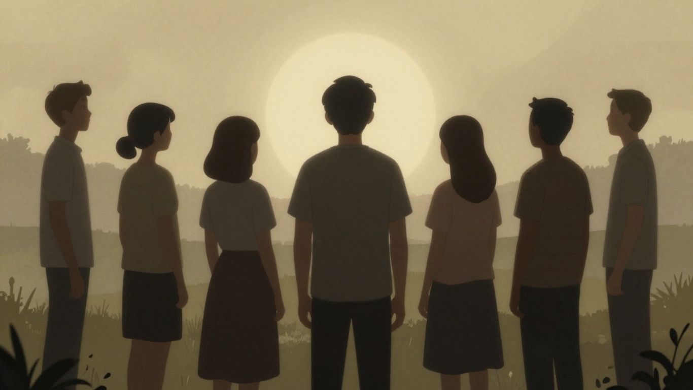 Community members in a peaceful, reflective scene.