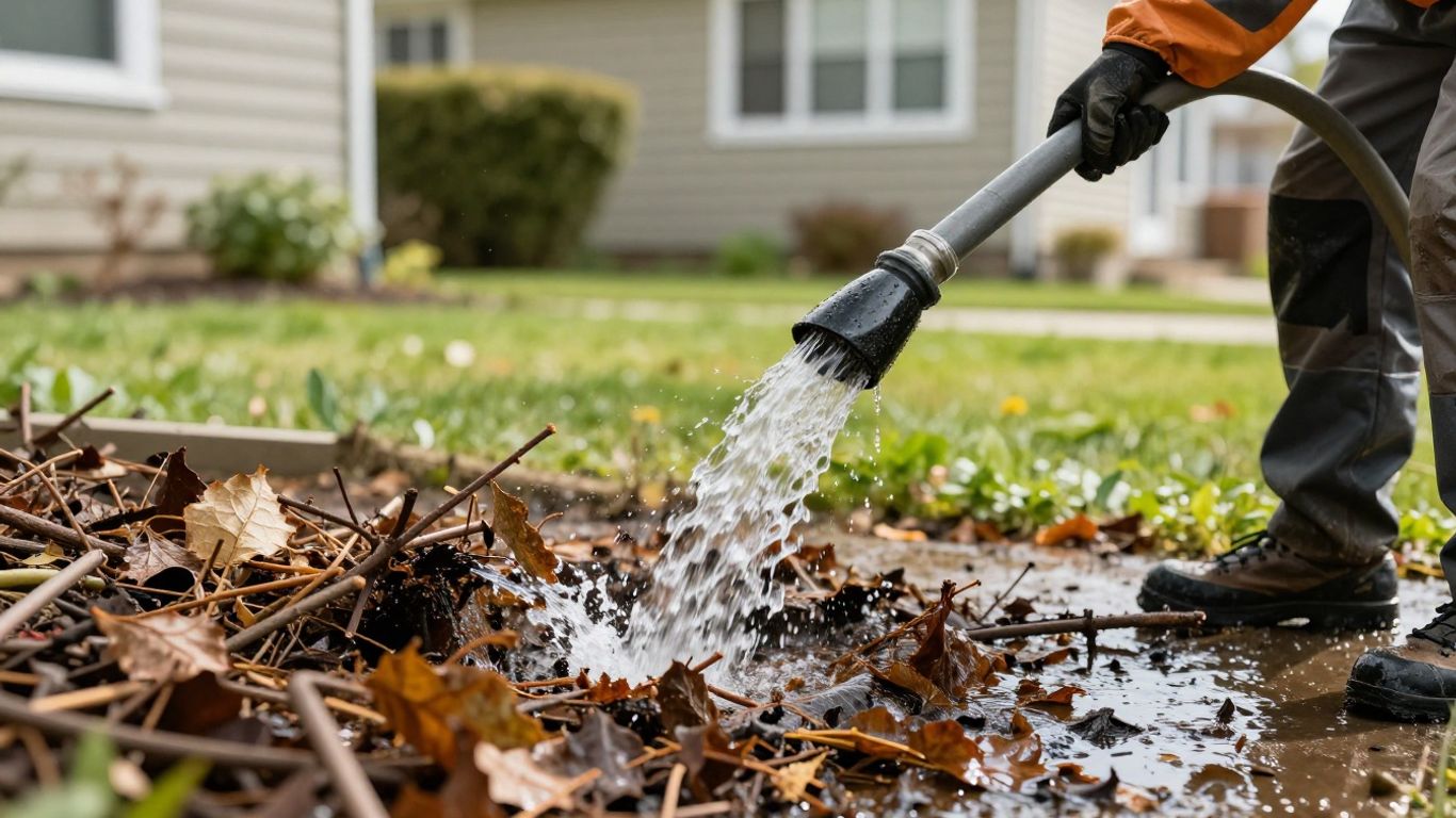 Worker cleaning debris from a residential gutter with a hose.