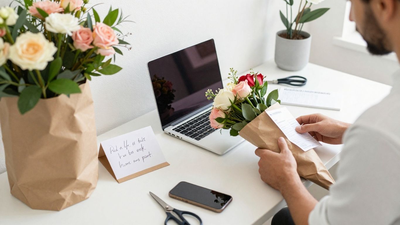 Florist checking flower delivery details on laptop