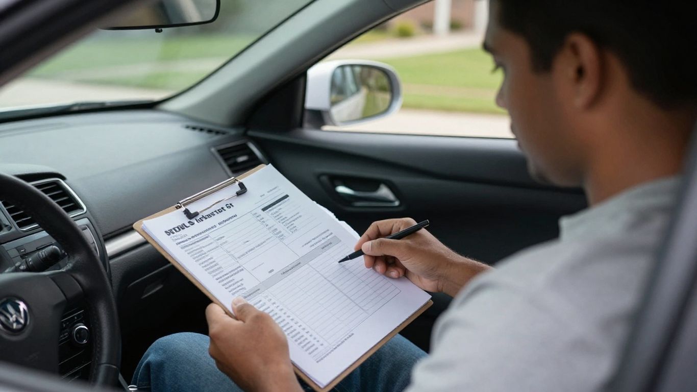Driver reviewing vehicle service records beside a parked car