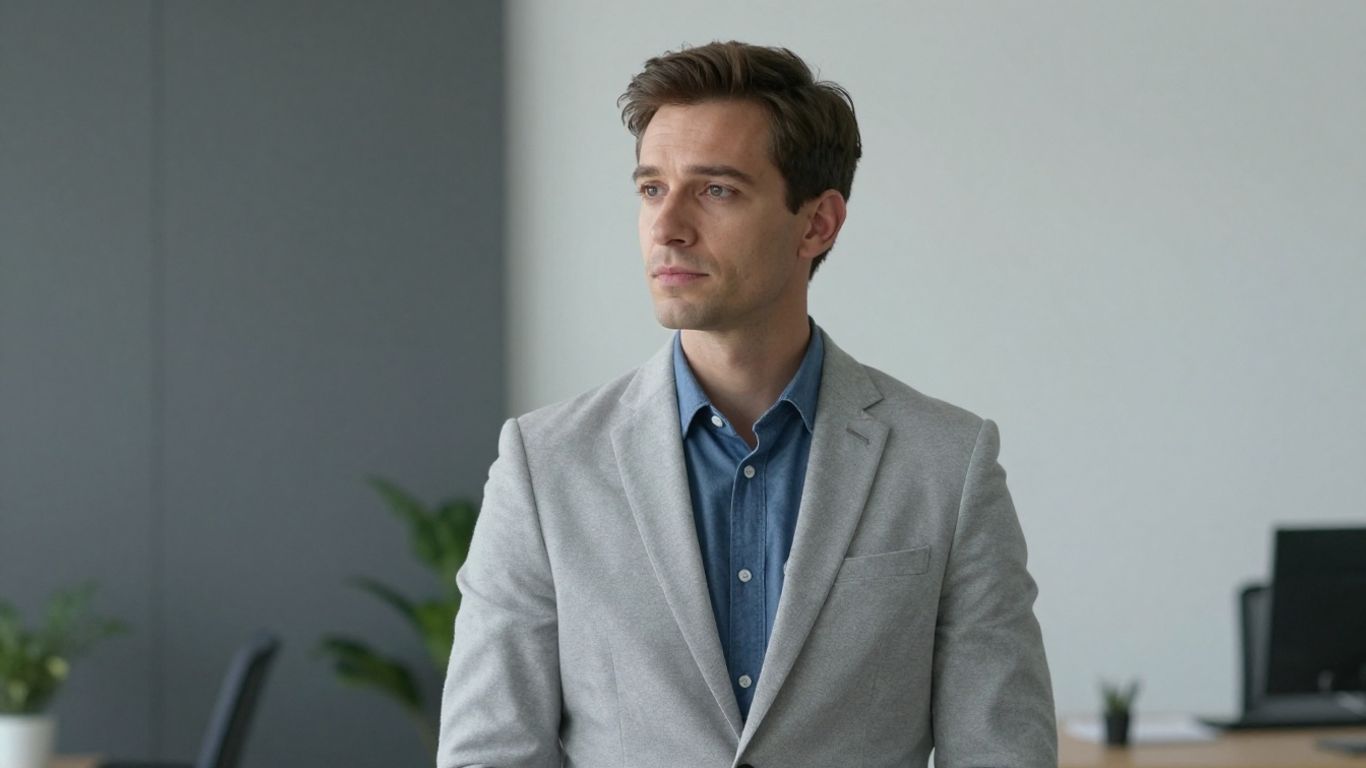 Nachdenklicher Geschäftsmann im Büro mit dezenten blauen Akzenten.