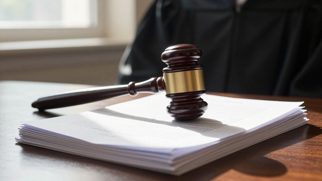 Gavel on legal documents in a courtroom.