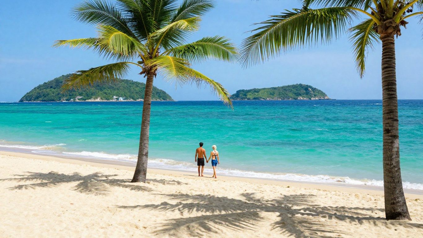 Couple walking on a tropical beach.