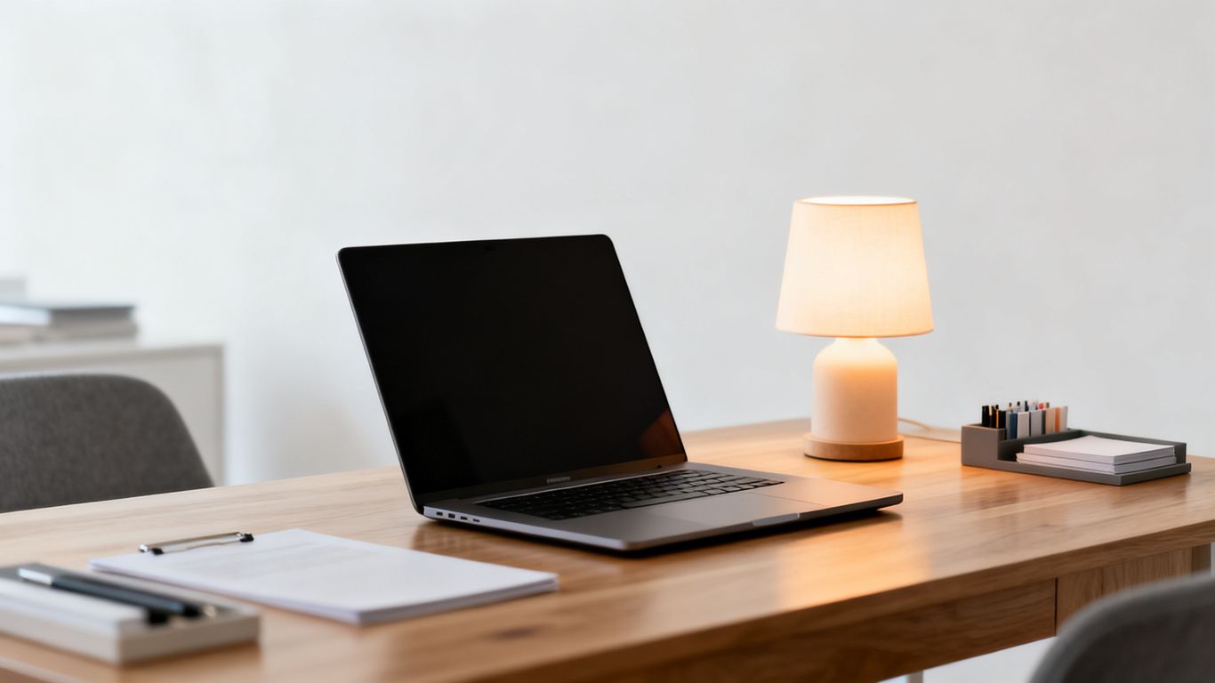 A clean home office setup with laptop docking station