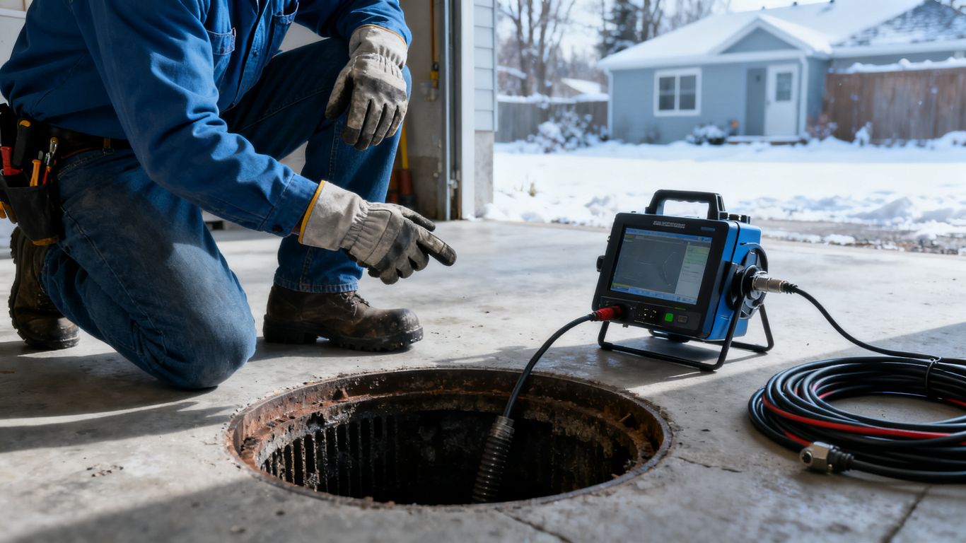 Plumber inspecting sewer line with camera equipment