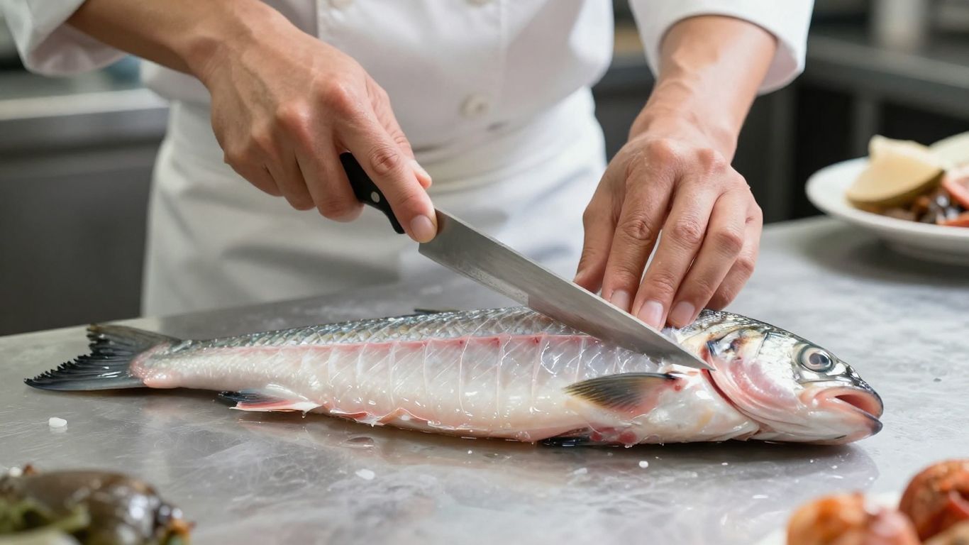 Chef filleting fresh fish in a professional kitchen.