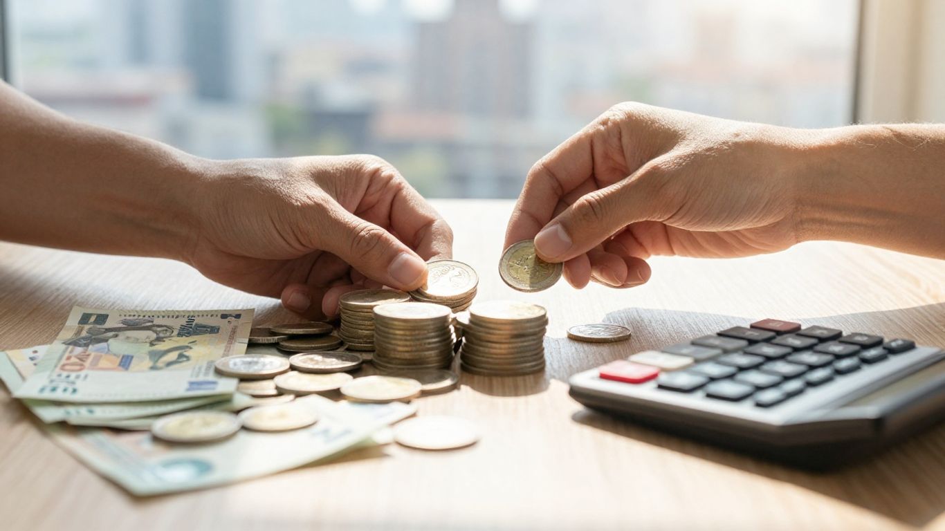 Person calculating personal loan payments with money and calculator.