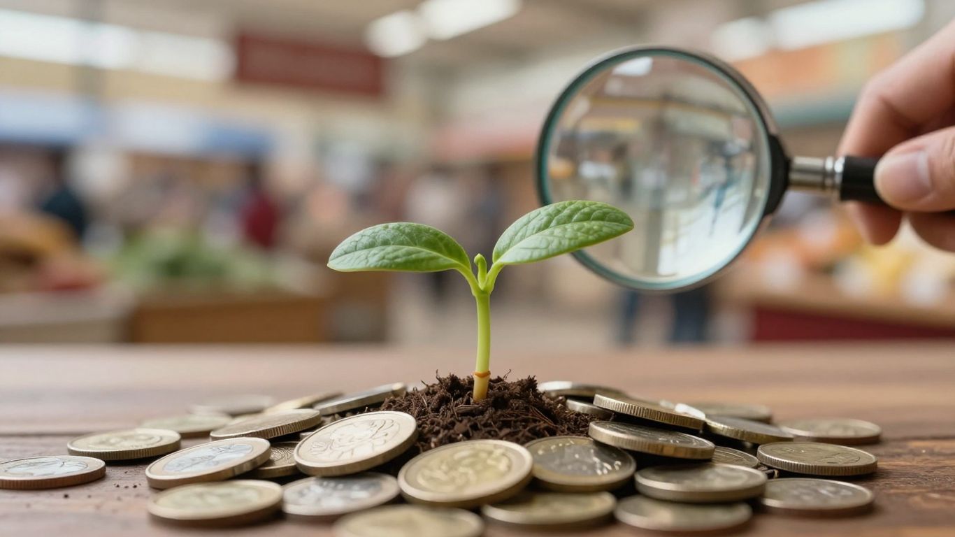 Seedling growing from coins with magnifying glass.