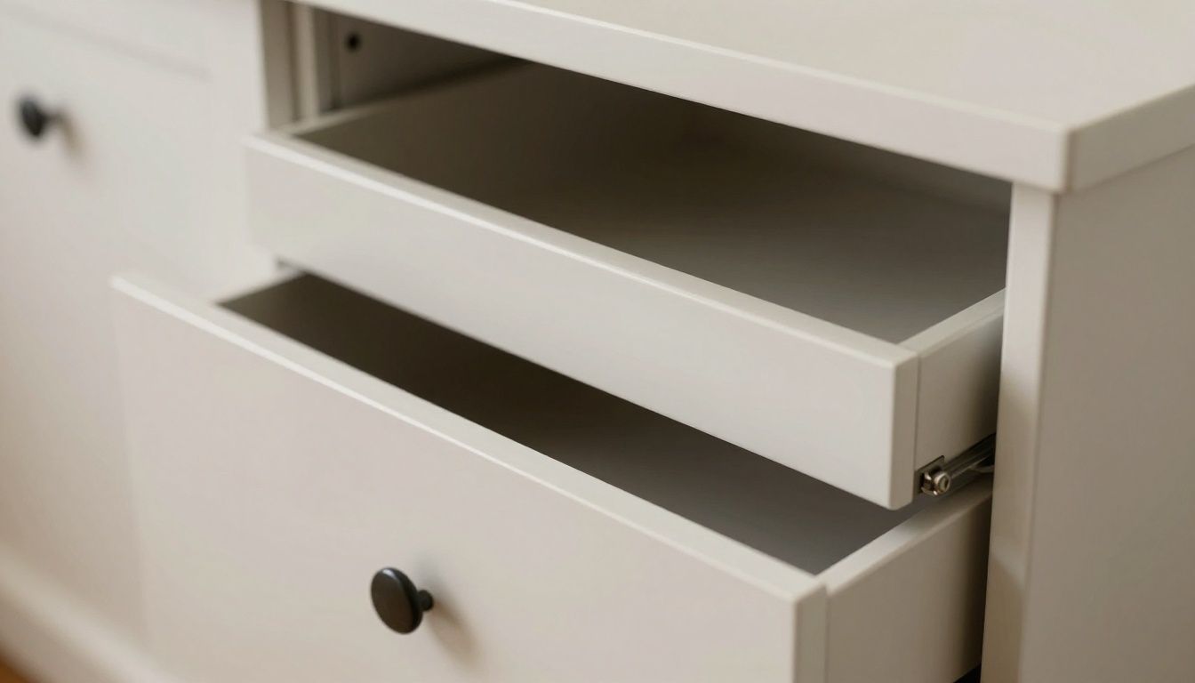 Close-up of premium soft-close drawer slides installed in a custom-built cabinet carcass