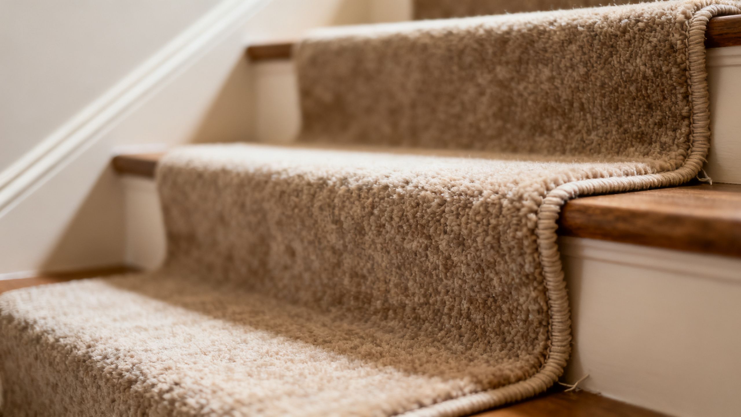 Close-up of professionally fitted carpet running over staircase treads and risers in a Bristol house, showing a neat nosing, clean edges and dense pile