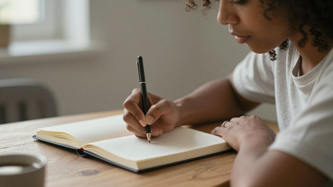 Person writing in a journal, empowered health journey.