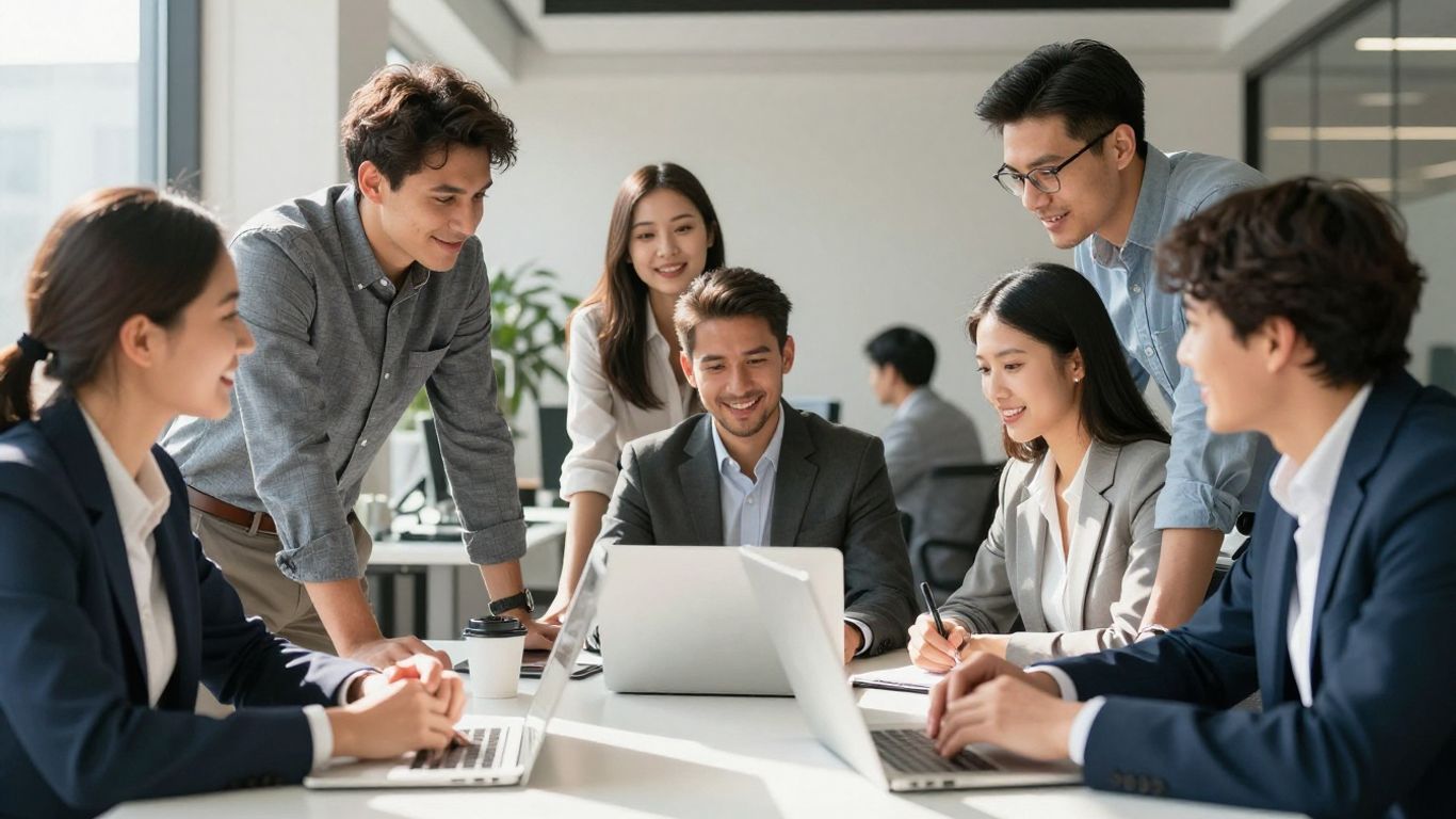 Pre-trained interns collaborating in a modern office.