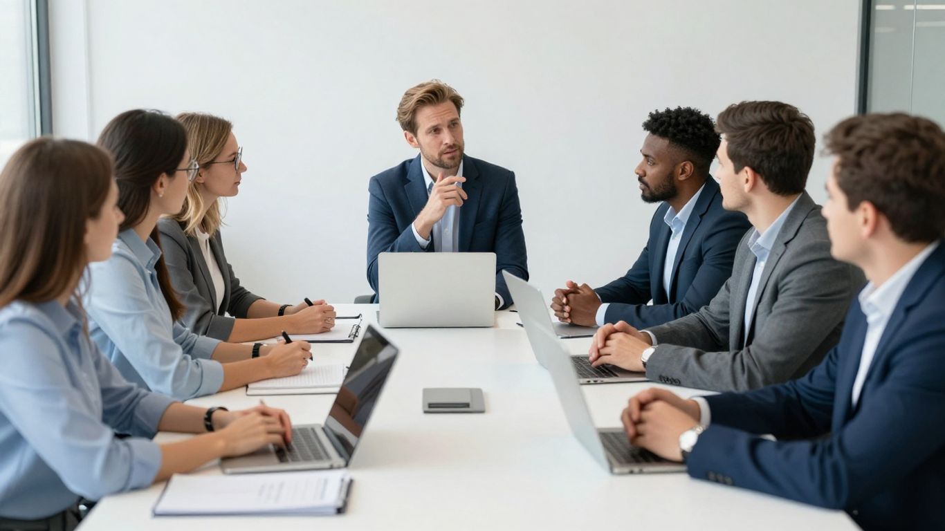 Mitarbeiter im Büro diskutieren und arbeiten zusammen.