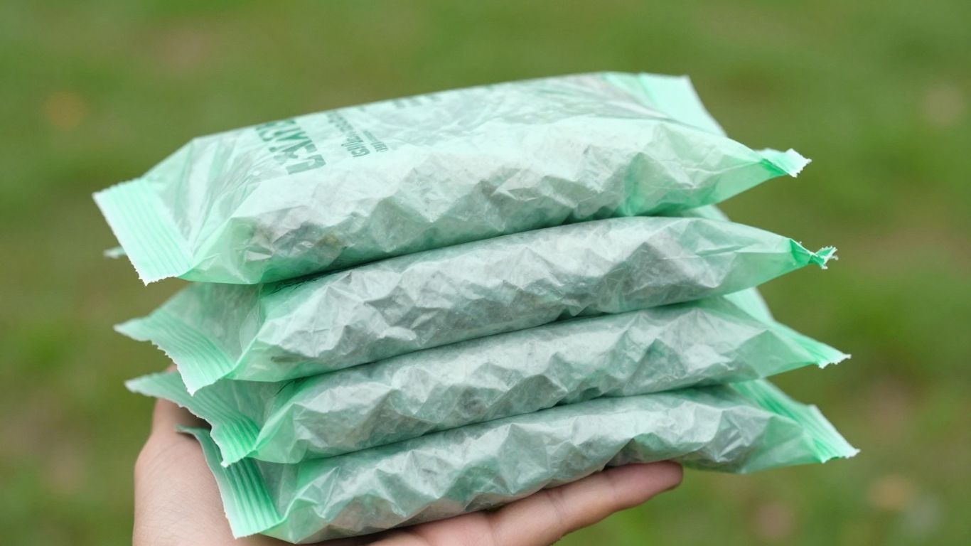 Compostable dog poop bags held in a hand outdoors.