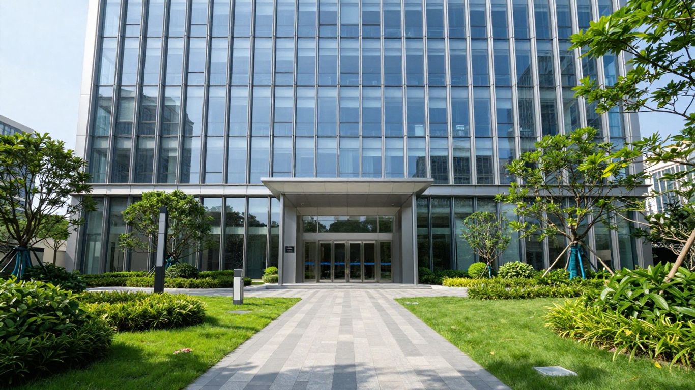 QXO headquarters building exterior with landscaping.