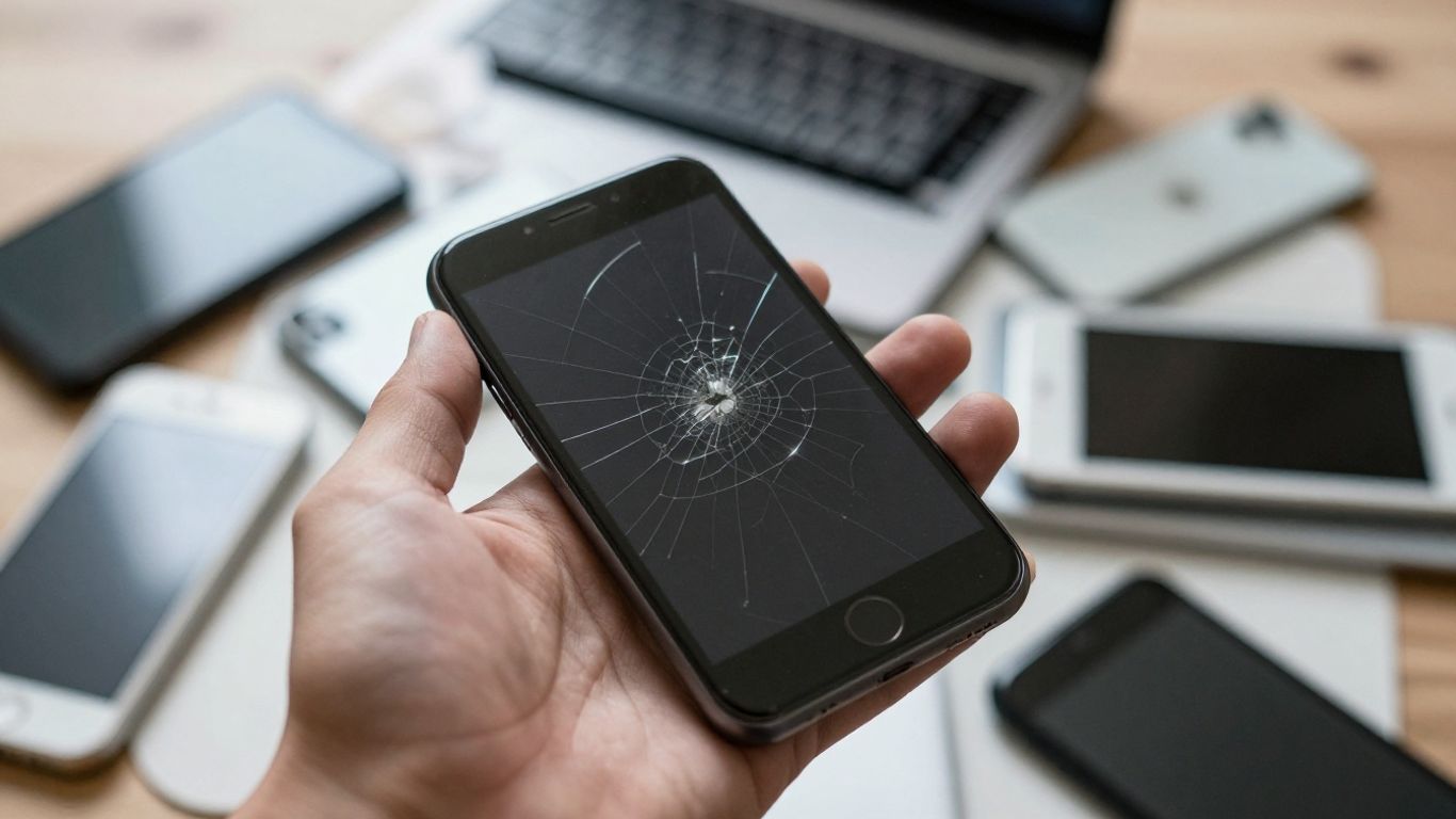 Hand hält Smartphone mit Riss neben gebrauchten Elektronikgeräten.