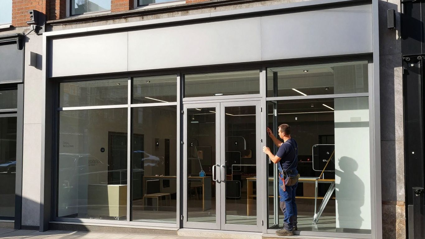 Modern aluminium shopfront installation in the UK.