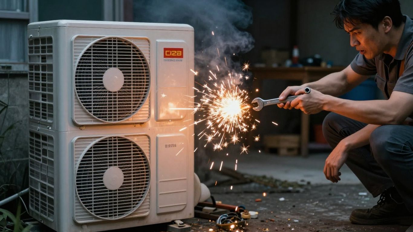 Frustrated person attempting AC repair with sparks and fire.