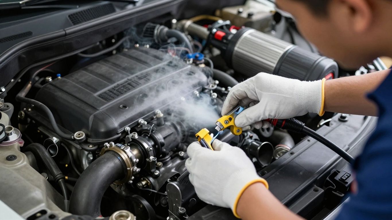 Technician using smoke machine near intake