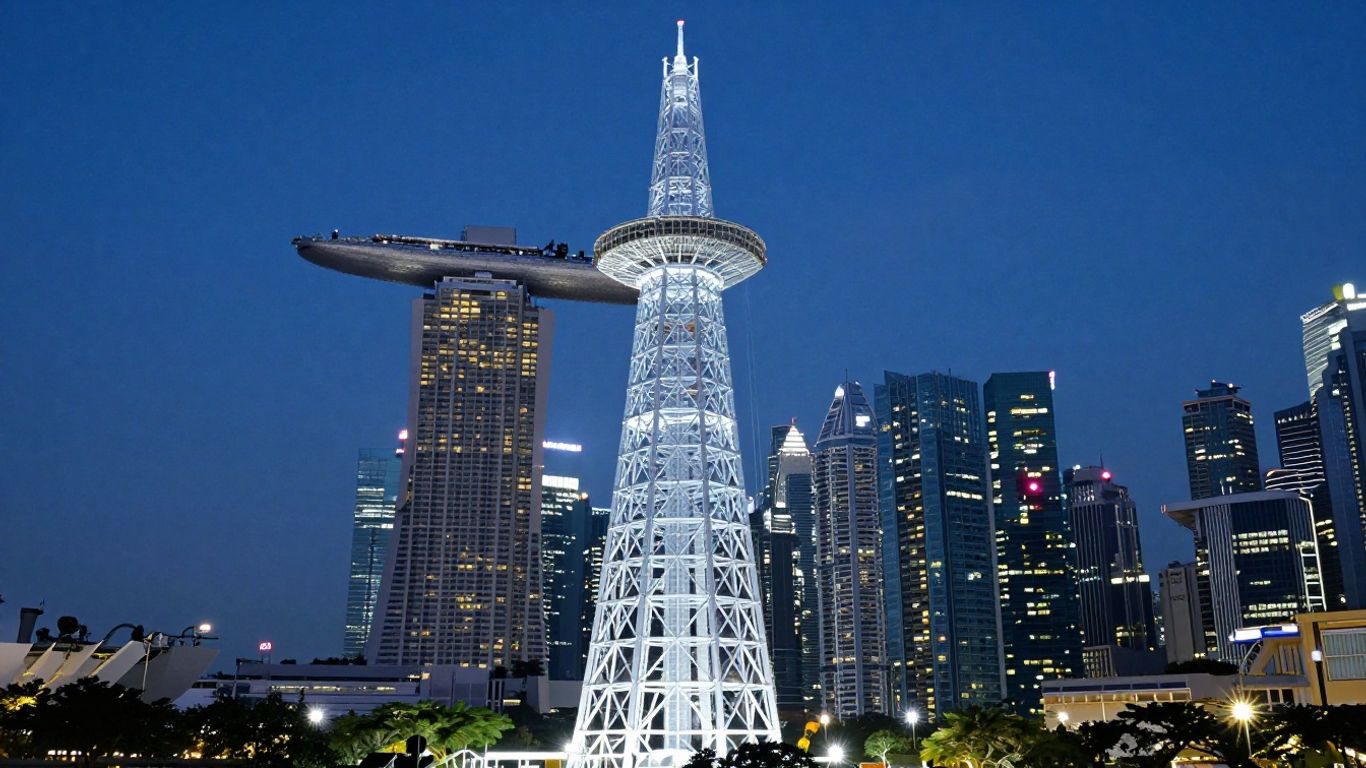 Steel tower analysis beside Singapore skyline