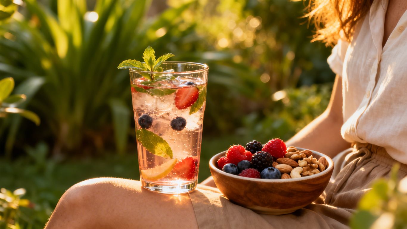 Person with healthy snacks and infused water for energy.