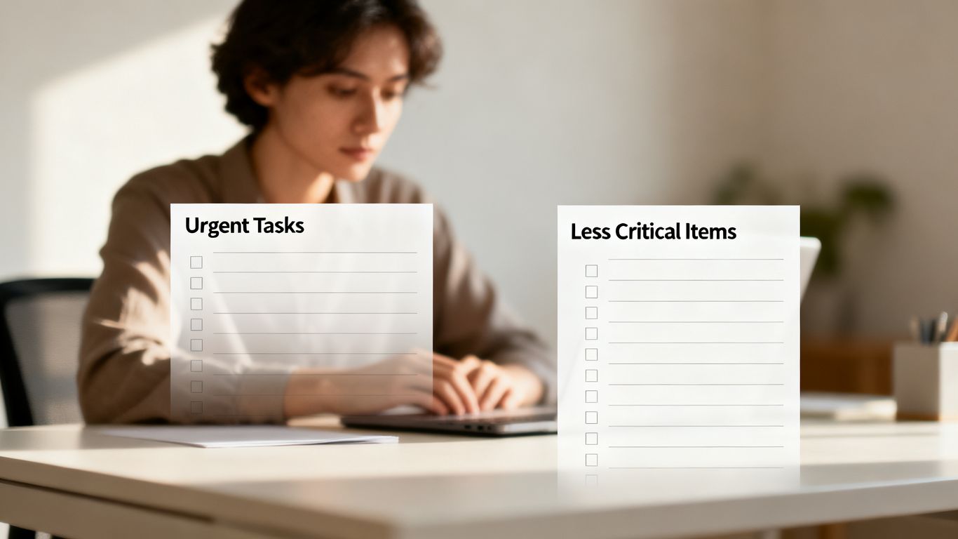 Person calmly prioritizing tasks using two lists.