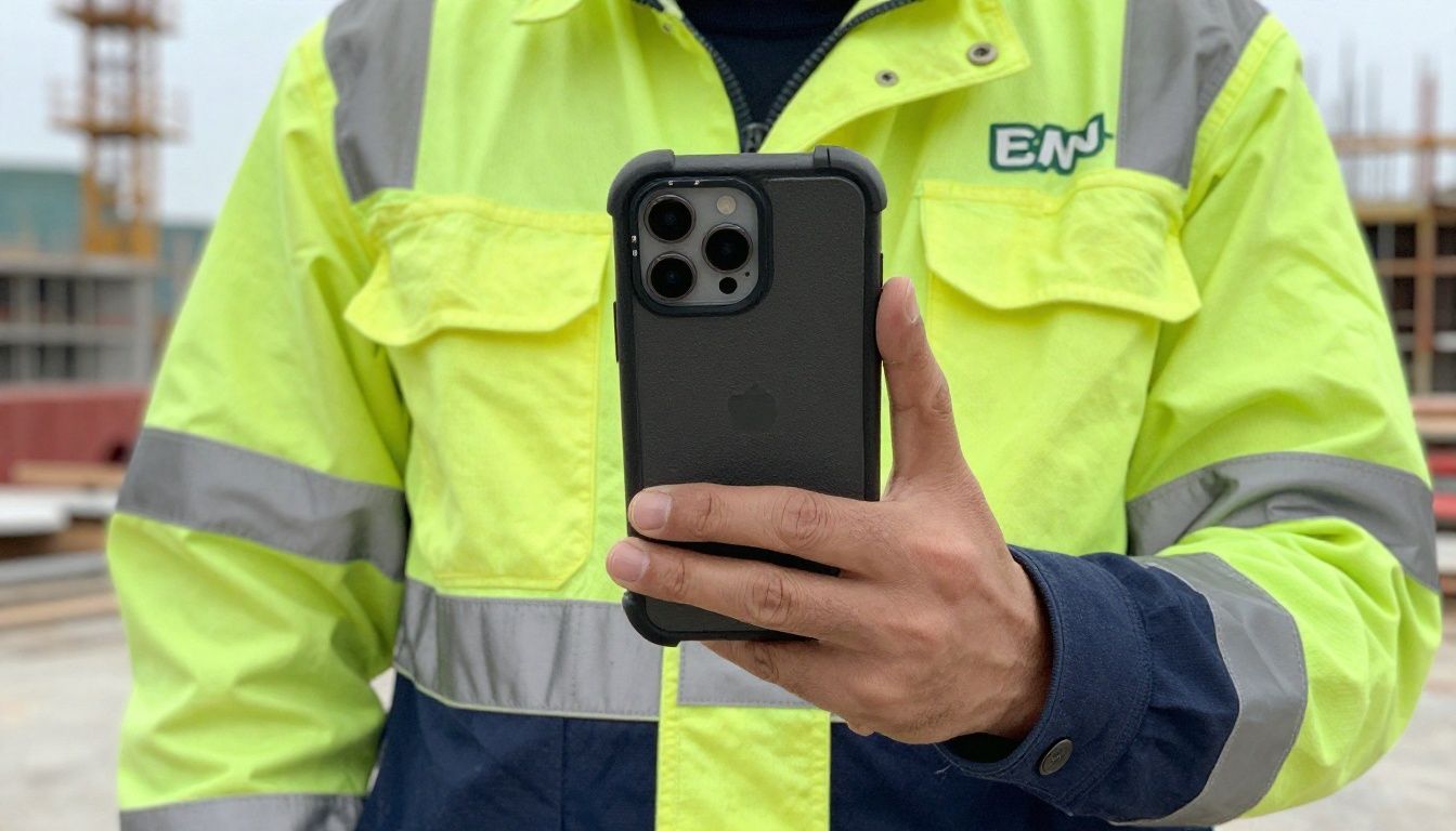 A tradie in high-vis workwear using their iPhone 16 Plus on a construction site, with the phone in a rugged, protective case.