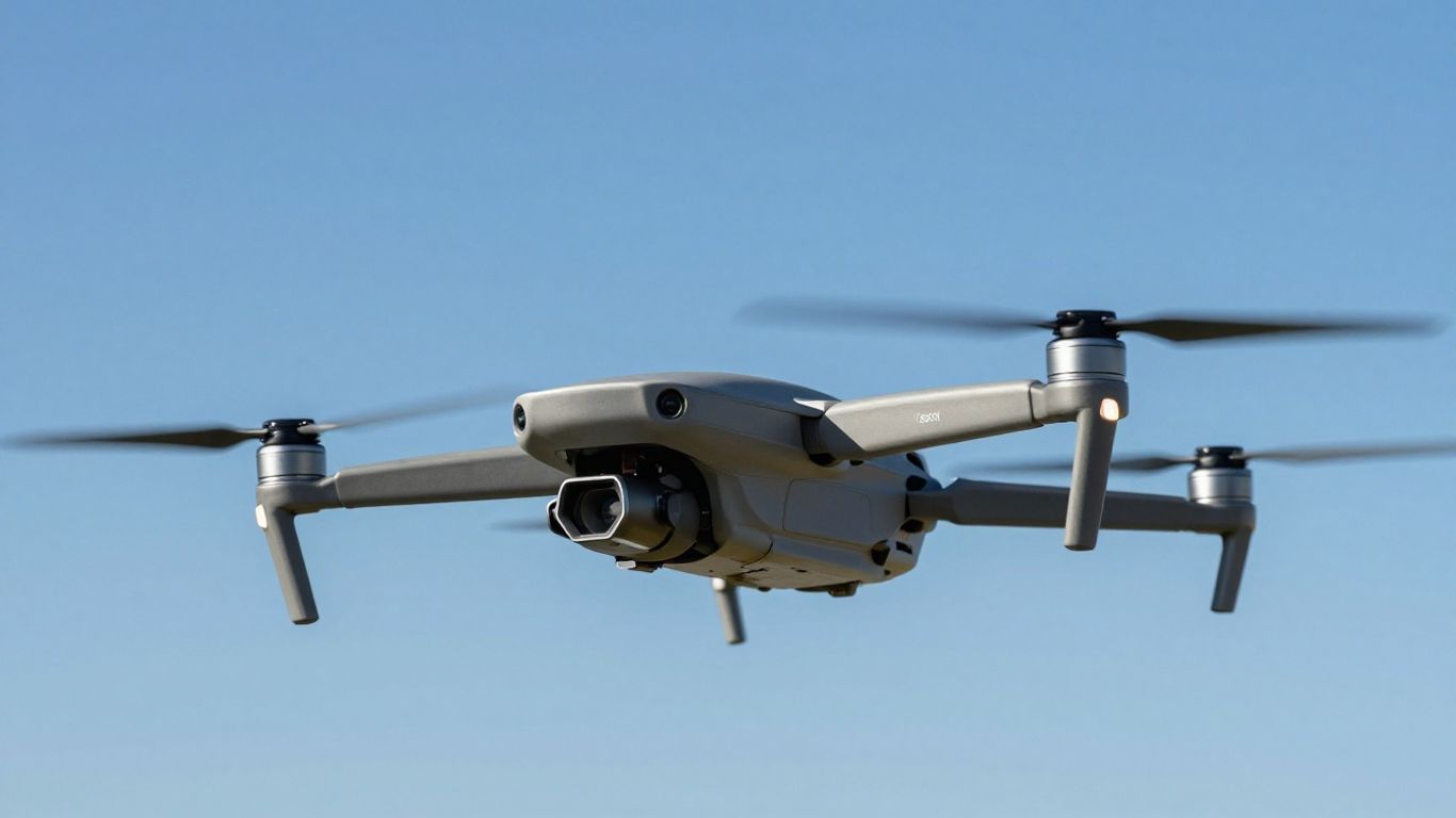 Drone flying in a clear blue sky.