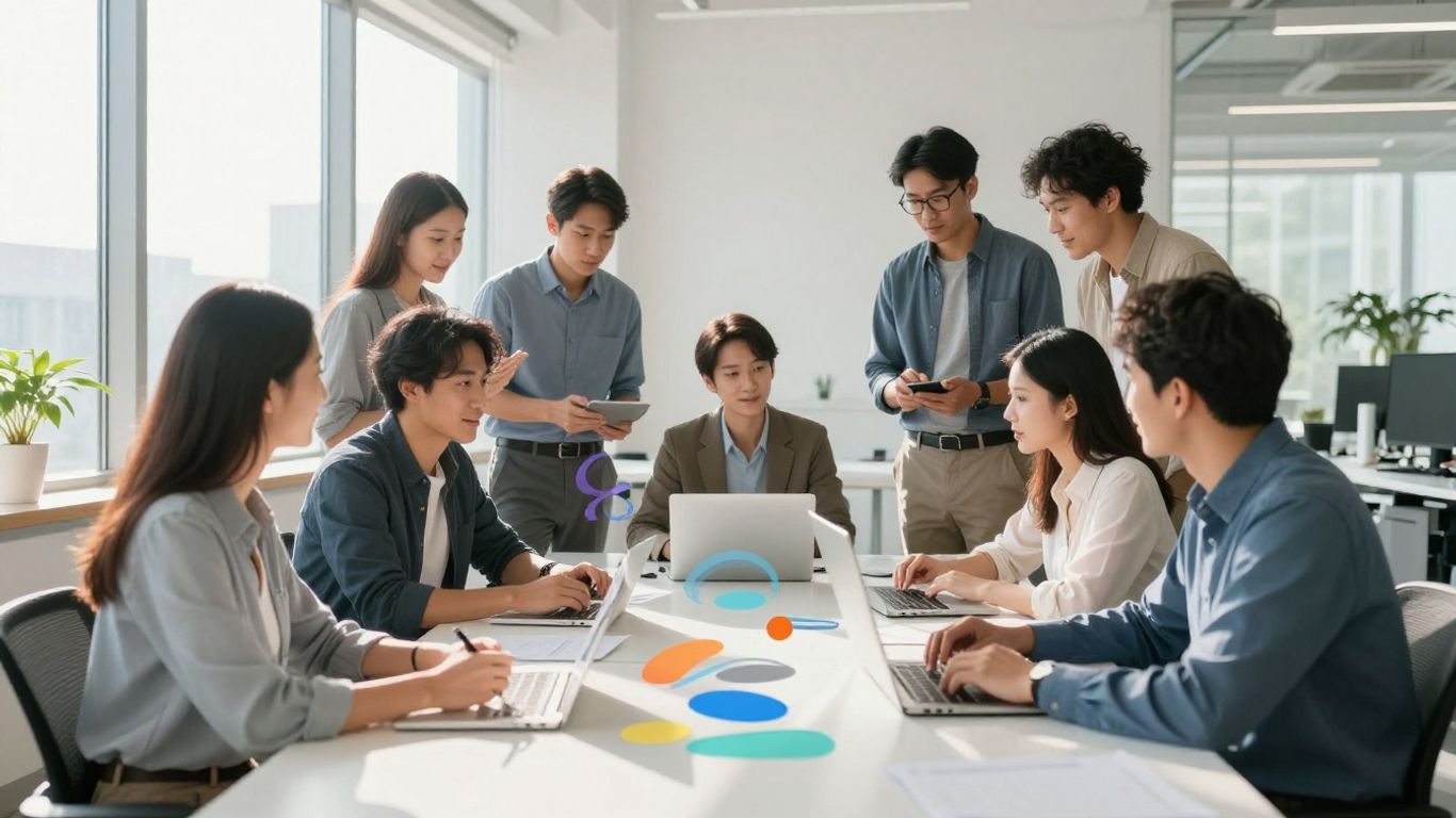 Business professionals collaborating in a modern office with digital elements.