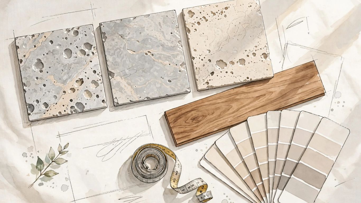 Silver travertine samples arranged beside finish swatches