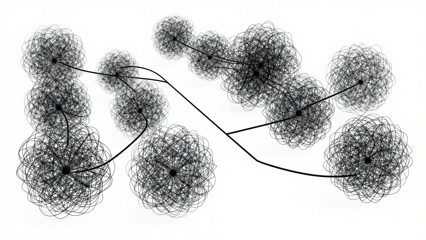 Tangled lines evolving into a clear, organized pathway.